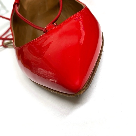 AQUAZZURA CHRISTY RED PATENT LEATHER ANKLE LACE UP POINTY TOE BALLET FLATS - Picture 7 of 13